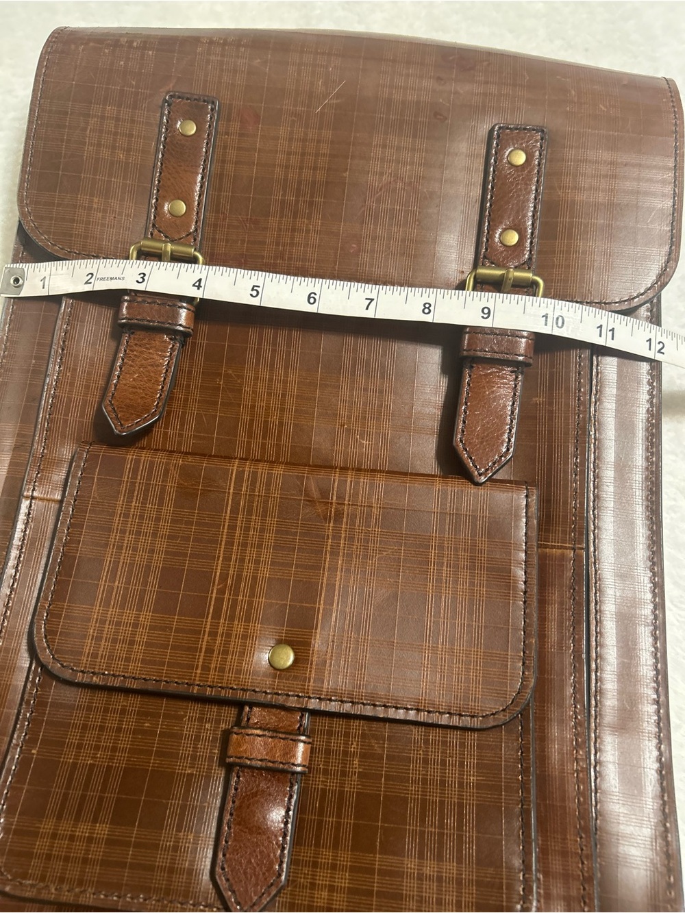 Fossil Brown Plaid Leather Backpack Vintage Style Buckle Bookbag - Picture 8 of 10
